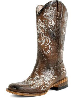 Women's Chocolate Leather Floral Embroidered Chunky Heel Mid Calf Cowgirl Boots